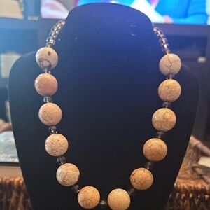 Elegant Tan and Cream Gemstone Beaded Necklace With Smoky Glass Beads